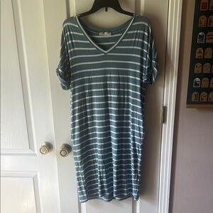 Zenana Outfitters Teal and White Striped V-Neck Dress